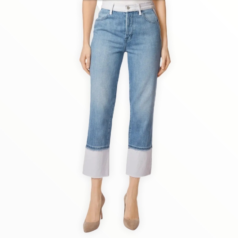 J Brand Wynne Superba High Rise White Blue Colorblock Straight Leg Jeans Size 32